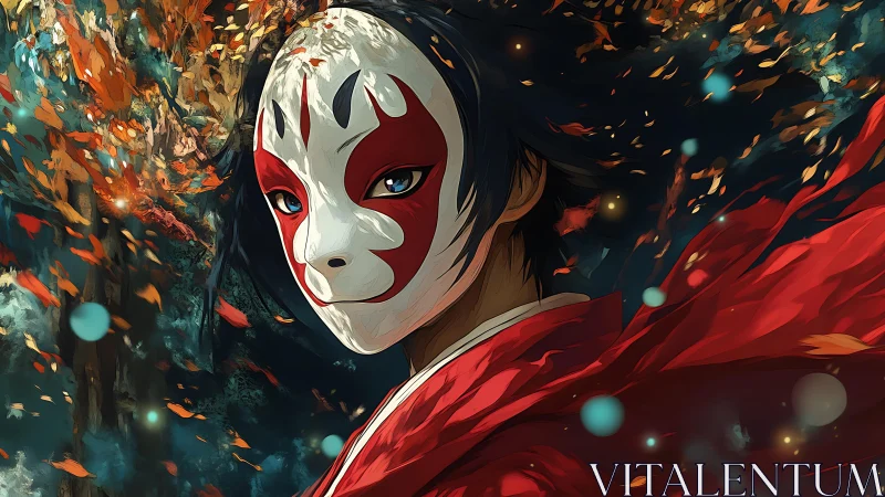 Fox-masked wanderer swirling through emberbright leaves.