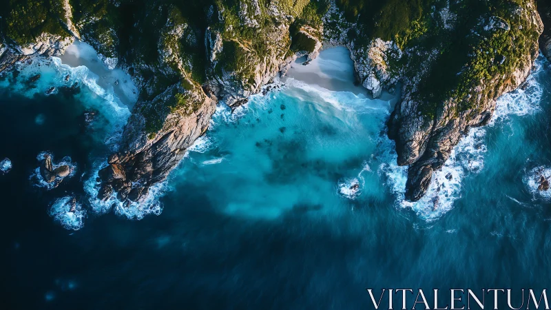 Aerial rocky coastline with turquoise surf and hidden coves
