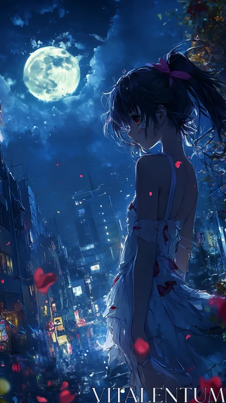 Moonlit anime heroine stands over neon-soaked night city street