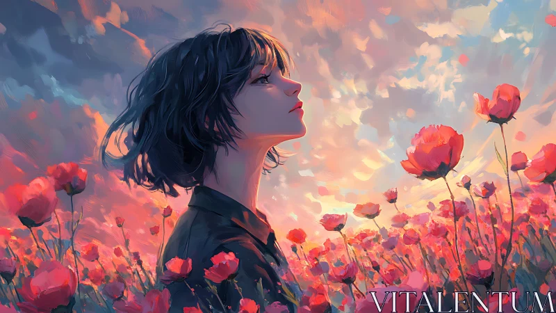 Soft evening sky cradles a thoughtful girl in warm flowers