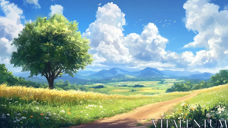 Summer meadow tree beside winding path under clouds.