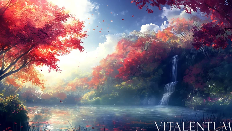 Gentle autumn waterfall welcomes quiet reflection by the lake