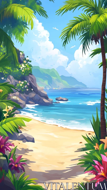 Tropical Coastal Landscape with Palm Fronds and Sandy Beach