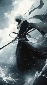 Stormborne shadow swordsman carving silence in waves.