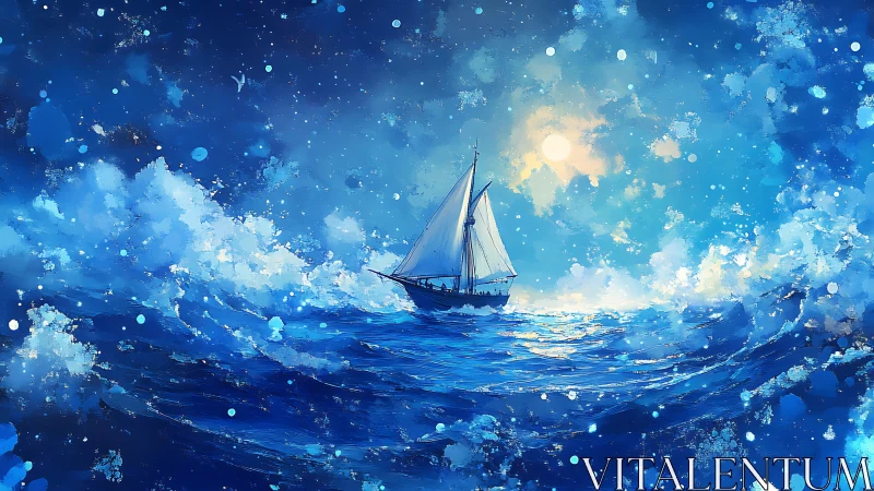 Moonlit cutter rigged sailboat on luminous abstract ocean waves
