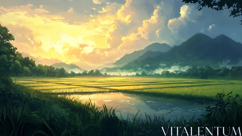 Sunlit rice fields before distant blue mountains at dusk.