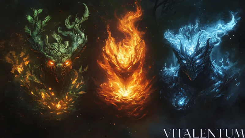 Elemental spirits of nature, fire and ice in dark etheric void.