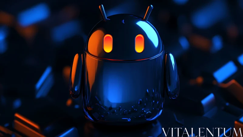 Chrome robot mascot glows in neon blue orange light.