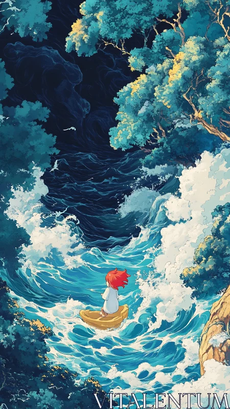 Solitary child adrift in luminous storm-tossed waters.