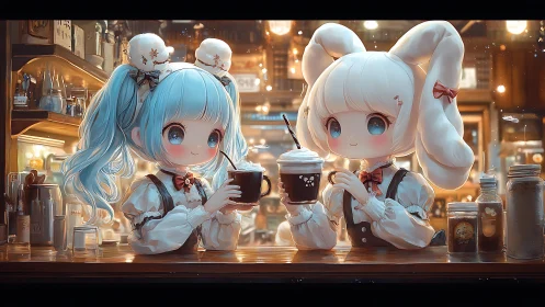 Stylized chibi baristas share hot drinks in warm cafe lighting
