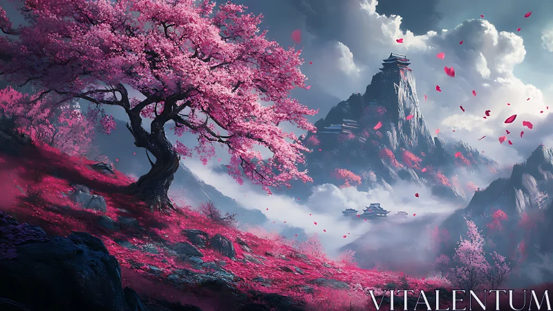 Pink blossom tree and misty mountain temples in spring