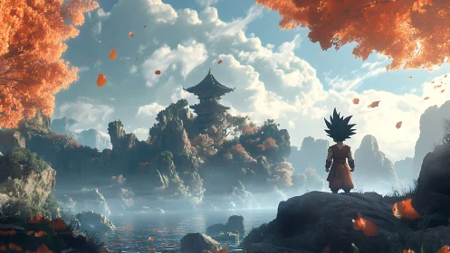 Solitary warrior surveys misty temple valley in stylized autumn