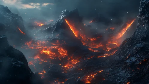 Volcanic Canyon Eruption with Lava Flow and Molten Landscape.