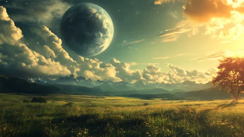Large planet above sunlit meadow with distant mountains.