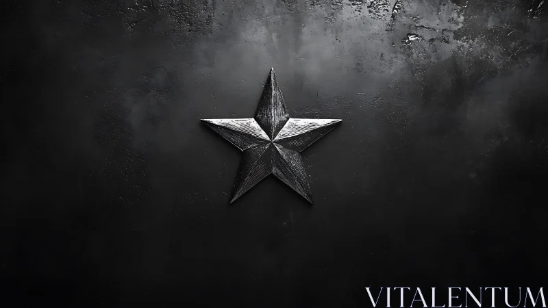 Metallic star emblem against textured charcoal wall.