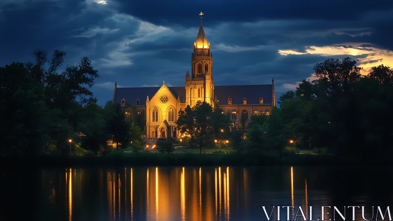 Gothic church glows over calm lake beneath stormy twilight