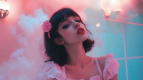 Neon-lit portrait in chromatic pink cyan atmospheric bath space.