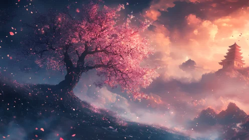 Cherry blossom tree overlooking distant mountain pagoda.