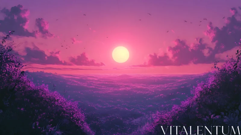 Magenta sun melting over lavender valleys of cloud and bloom.