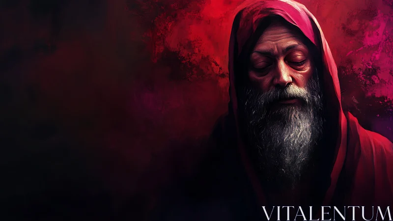 Elderly hooded mystic rendered in dramatic red chiaroscuro