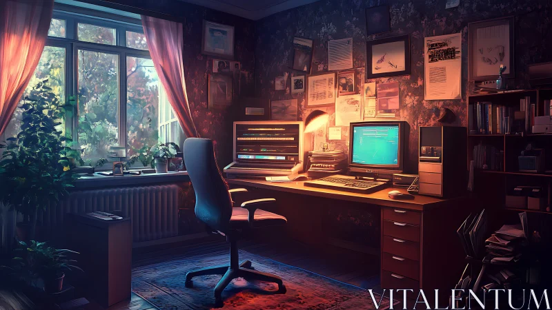 Cozy home office with dual retro computer workstation setup.