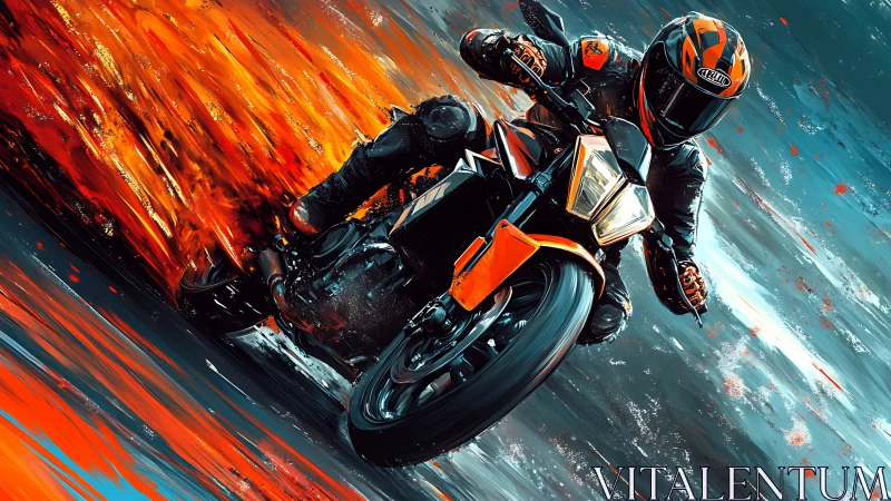 Dynamic digital painting of racing motorcycle in motion trail.