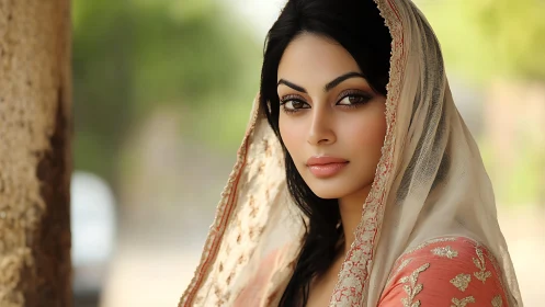 Portrait shows woman in embroidered scarf with soft focus background