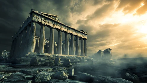 Dramatic low-angle Parthenon render under stormlit golden sky