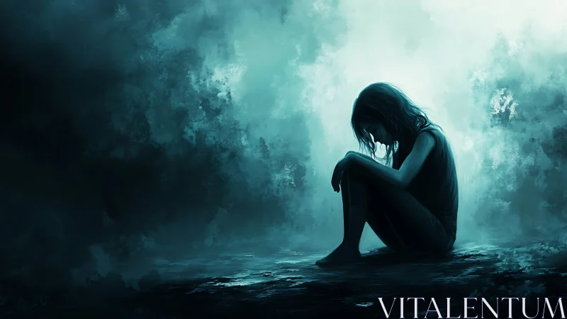 Solitary seated figure in blue-toned atmospheric digital scene.