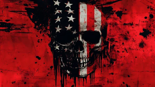 Patriotic skull flag on distressed red grunge field.