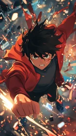 Dynamic low-angle anime hero in motion blur and particle field