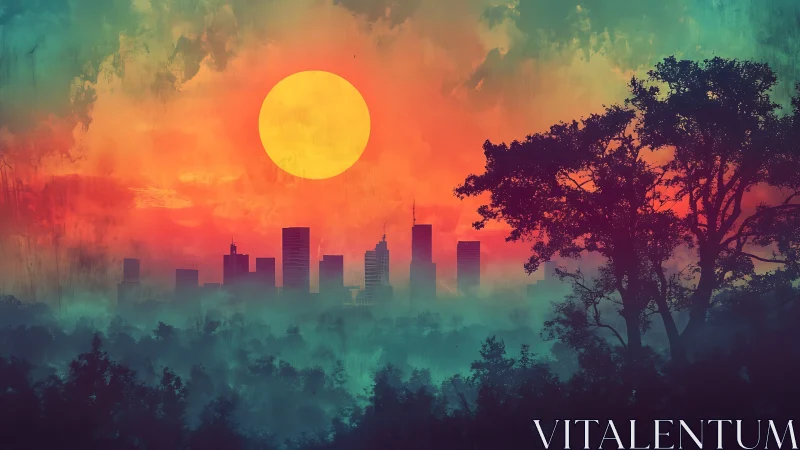 Sunlit city skyline emerges through misty neon forest haze