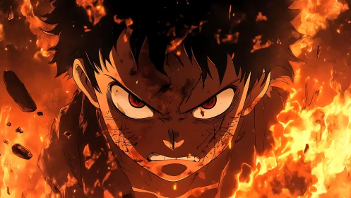 Intense anime warrior advances through dynamic engulfing flames