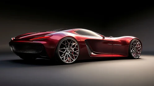 Crimson hypercar showcases sculpted curves and alloy rims.