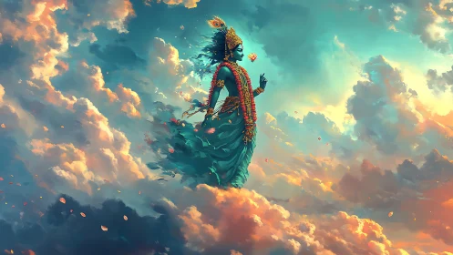 Divine blue figure floating among glowing sunset clouds.