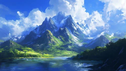 Sunlit mountain peaks rising over a calm reflective lake.