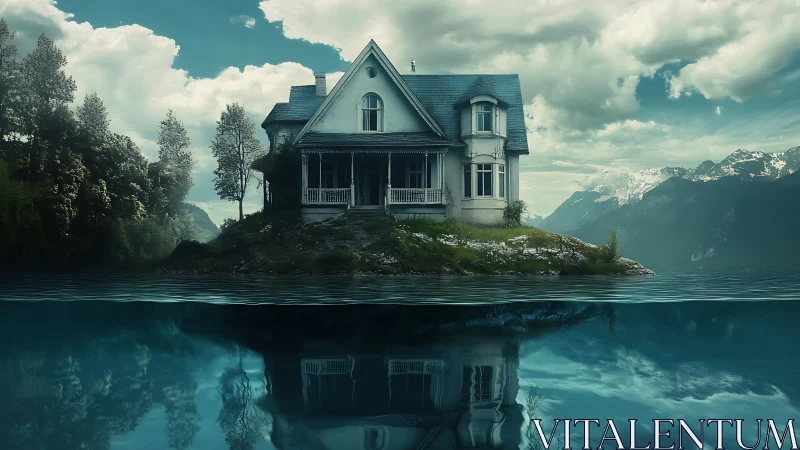 Victorian lakeside house on isolated islet with mirrored reflection