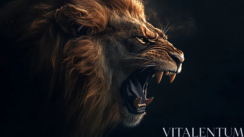 Roaring lion head in dramatic side profile on black background.
