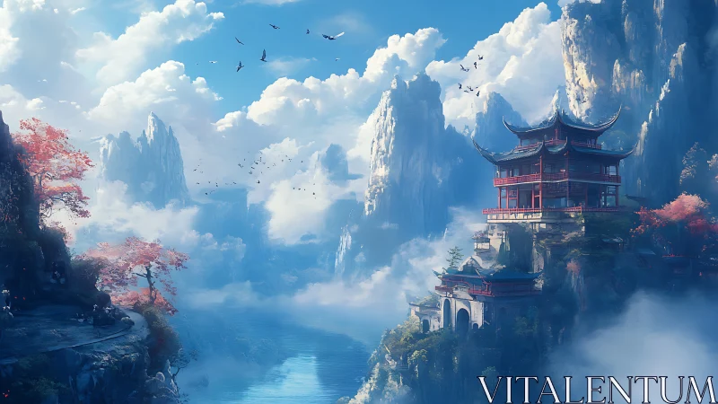 Mountain temple complex above misty valley and river.