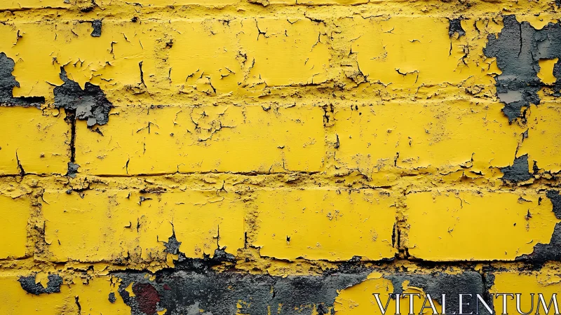 Weathered yellow brick wall with peeling paint in urban grunge style.