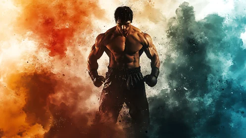 Muay Thai fighter stands amid explosive color clouds