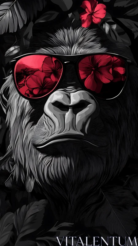 Monochrome gorilla portrait with red reflective sunglasses.