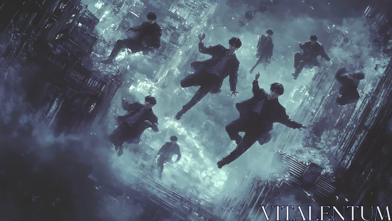 Midnight city drifters float together in a dreamy freefall