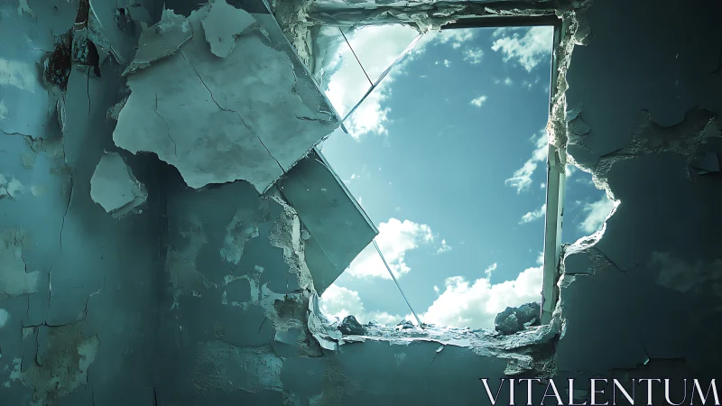 Broken wall window opening onto a calm, hopeful sky.
