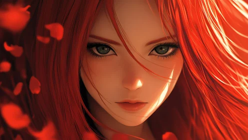 Fiery red haired anime girl with intense emerald gaze.