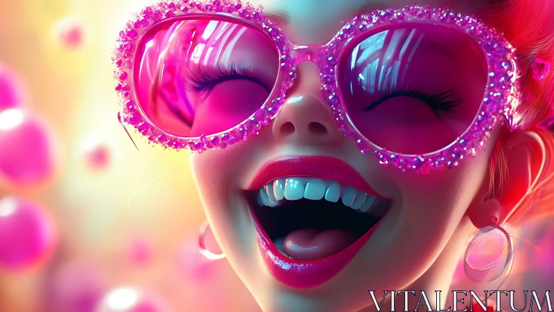 Neon giggle queen in crystal-pink party sunglasses.