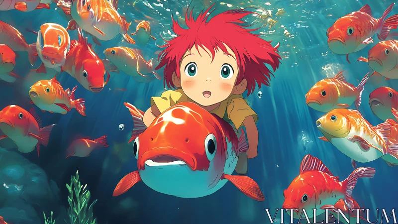 Curious child rides koi fish through a glowing blue ocean.