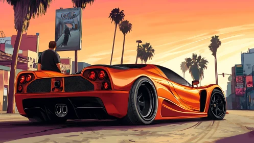 Sunset boulevard hypercar rendered in stylized urban detail.
