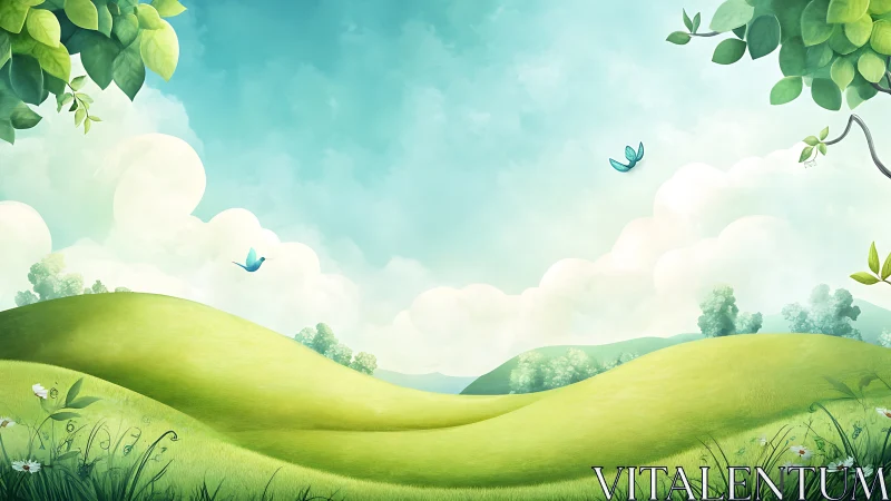 Soft green hills under blue sky with butterflies present.