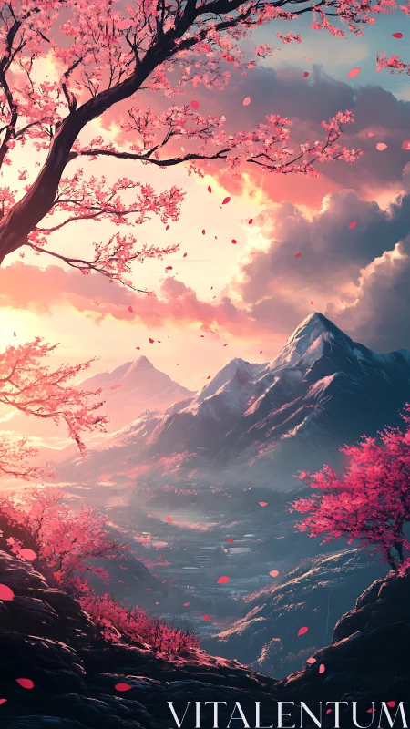 Mountain valley landscape shows pink blossom trees at sunset